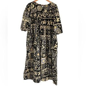 Vintage Woman Within Black and Cream Graphic Long Sleeve Dress Cotton Large